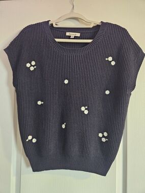 Francesca's Collections Navy Daisy Embroidered Sleeveless Knit Sweater